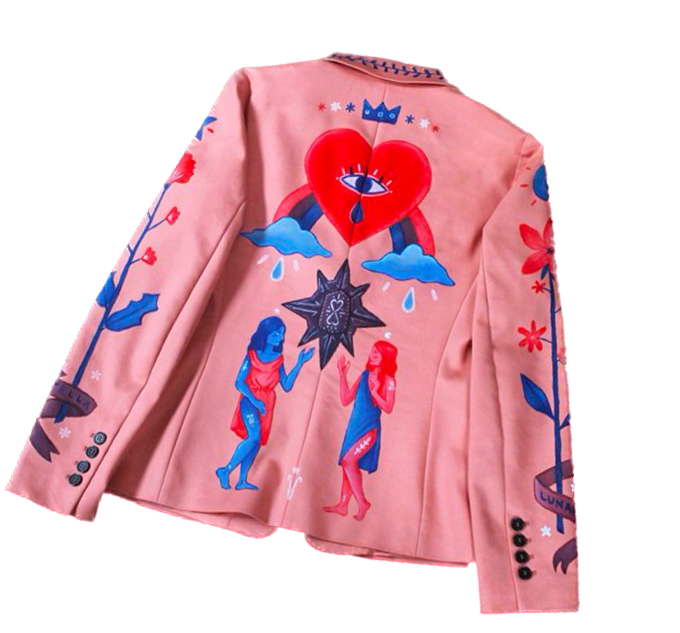 chaqueta rosa con estampados de colores